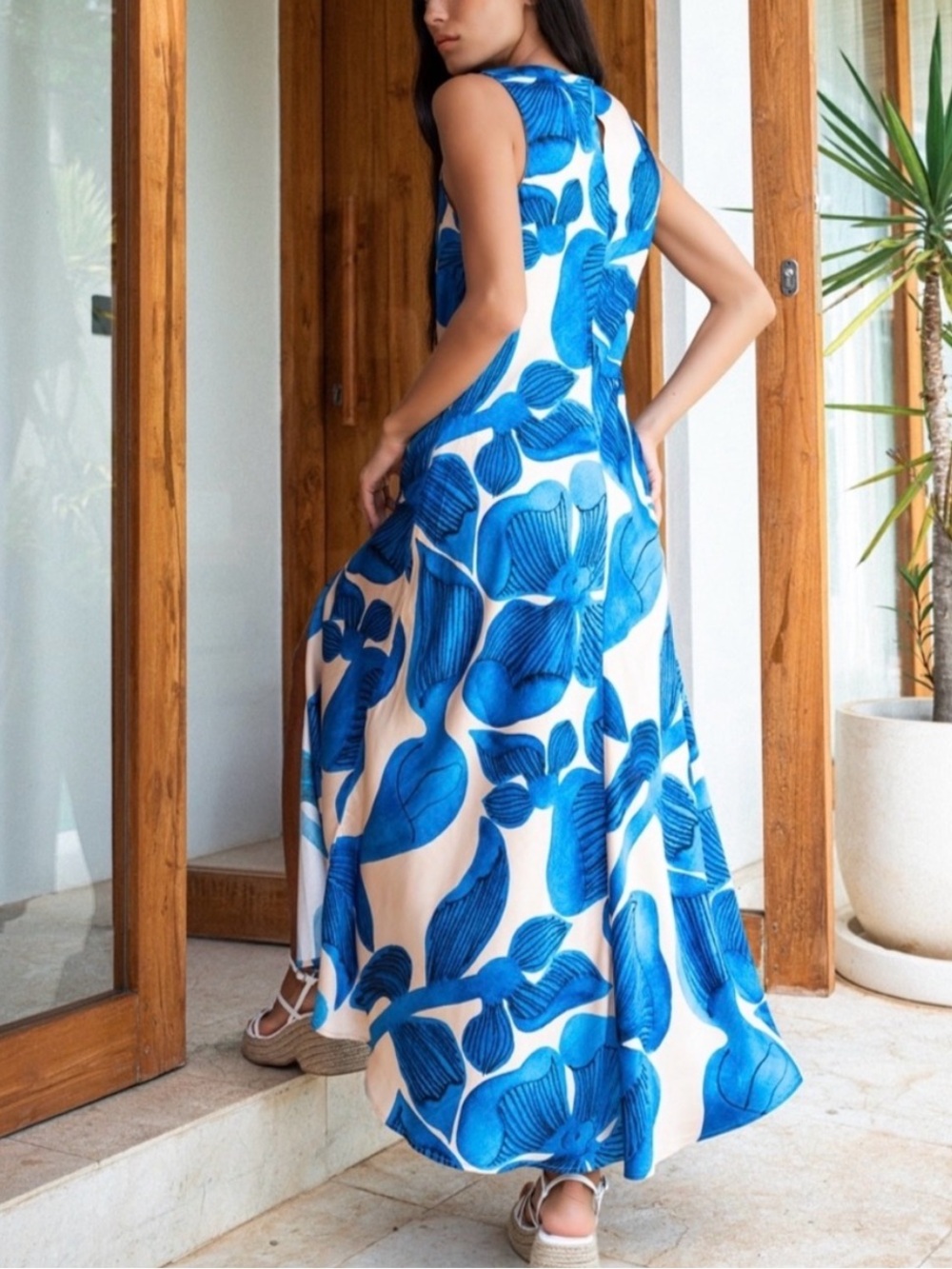 NWOT Corey Lynn Calter White Maxi Dress with Bold Blue Floral Print